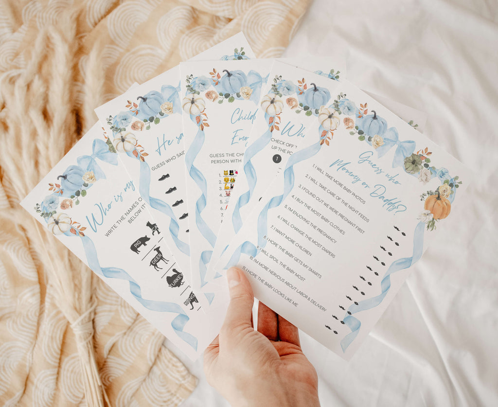 Pumpkin baby shower game bundle with rustic fall design featuring blue bows and watercolor florals for autumn celebrations