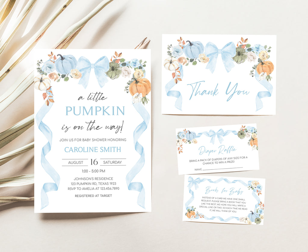Fall baby shower invitation pack with watercolor pumpkins, blue ribbons, and floral accents for a little pumpkin theme