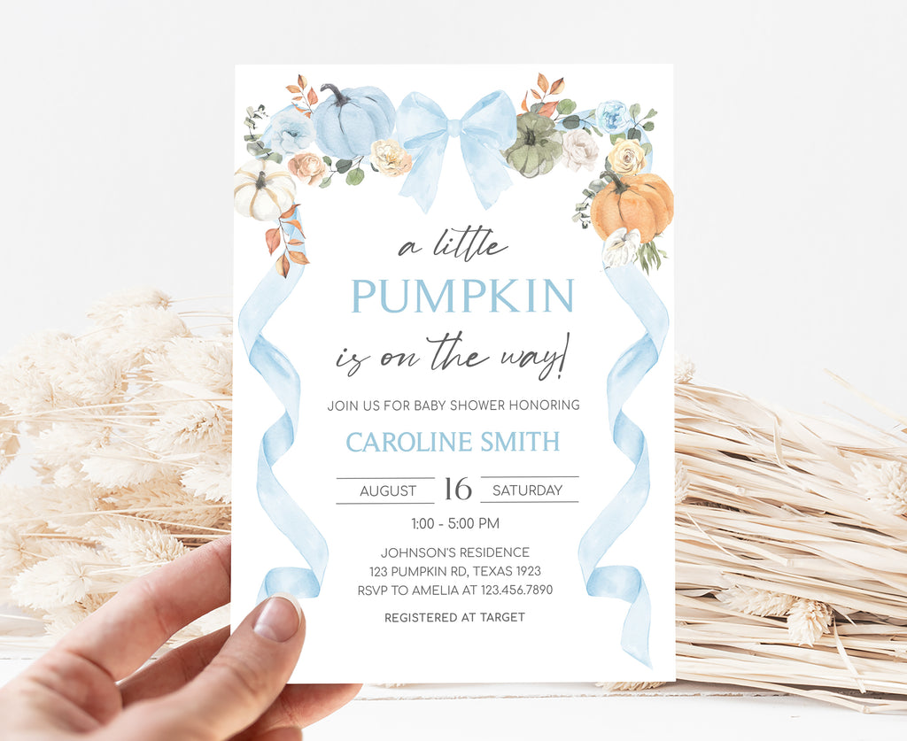 Editable autumn baby shower invite with watercolor pumpkins, blue ribbon, and florals