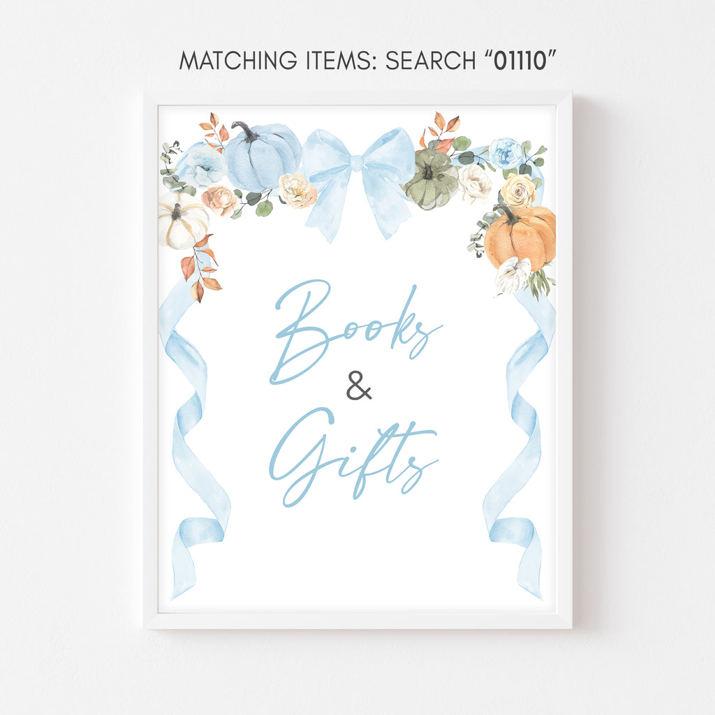 Fall baby shower books and gifts sign with pumpkin theme, watercolor leaves, and blue bow for an autumn baby event