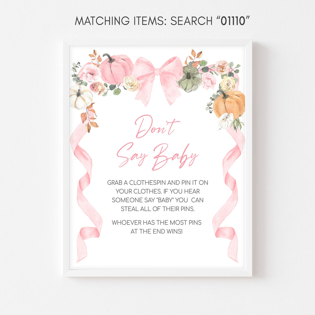 Don’t Say Baby game sign with pink pumpkins and florals – fun fall baby shower activity for girls