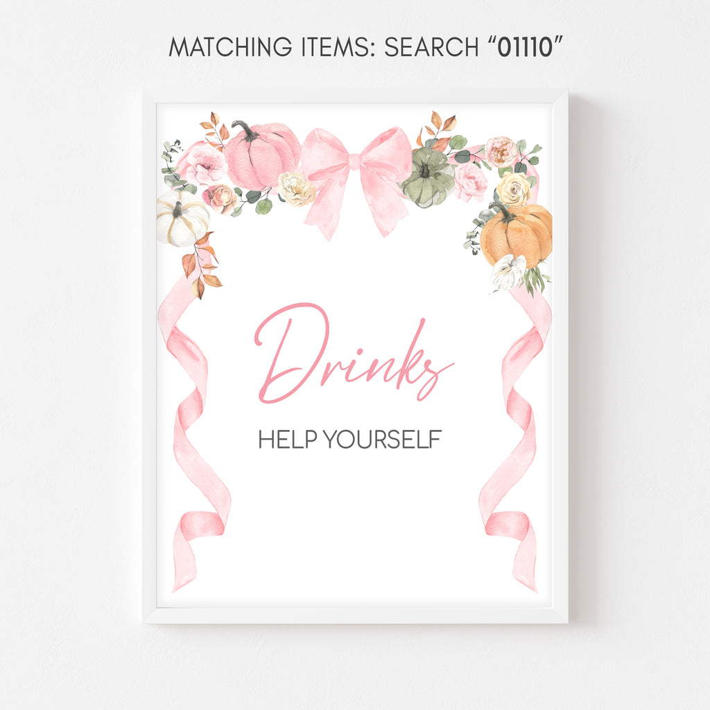 Fall baby shower drinks sign with pink pumpkins and watercolor florals – cute bar table sign for girl shower
