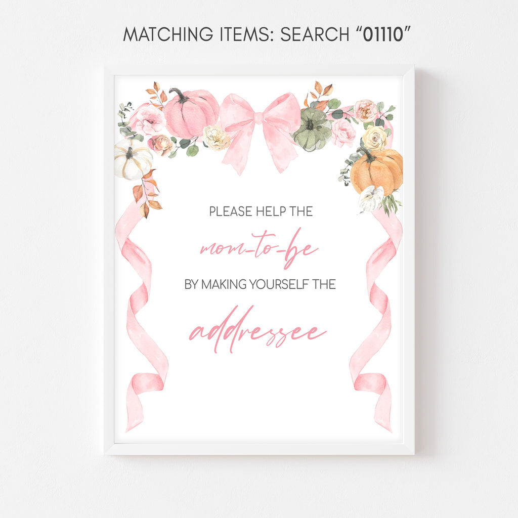 Envelope station sign for fall baby shower with floral pumpkin design – pink theme printable for girls