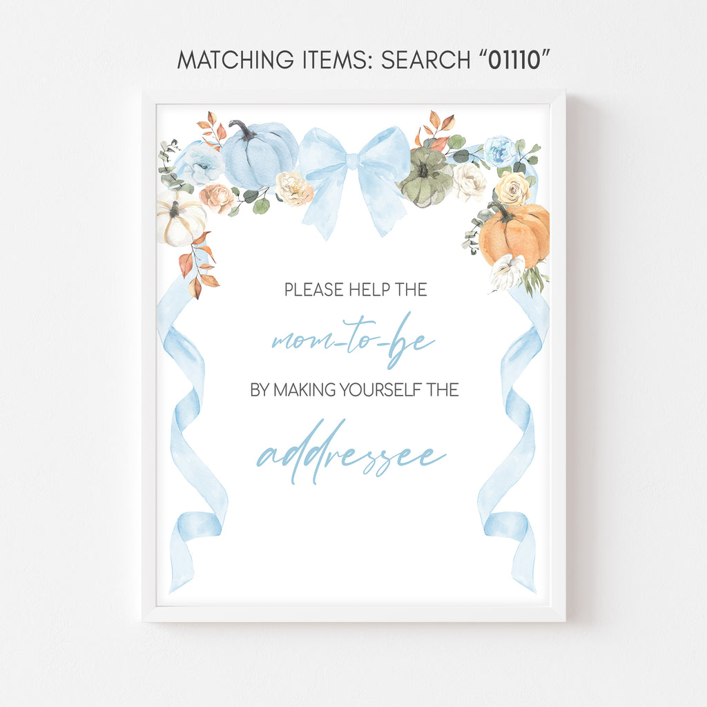 Pumpkin-themed envelope station sign with blue bows and soft florals for organizing fall baby shower cards