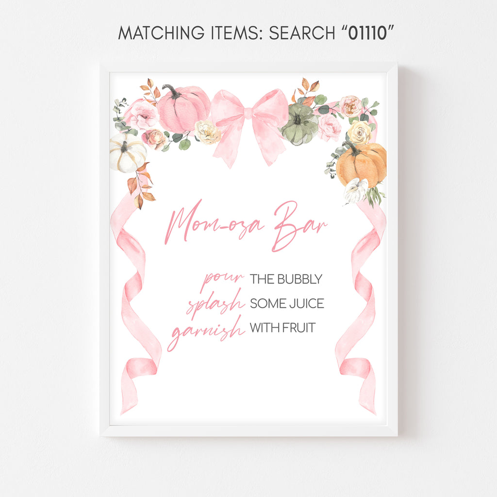 Mimosa bar sign with pink pumpkins and fall florals – fun drink station decor for girl baby shower