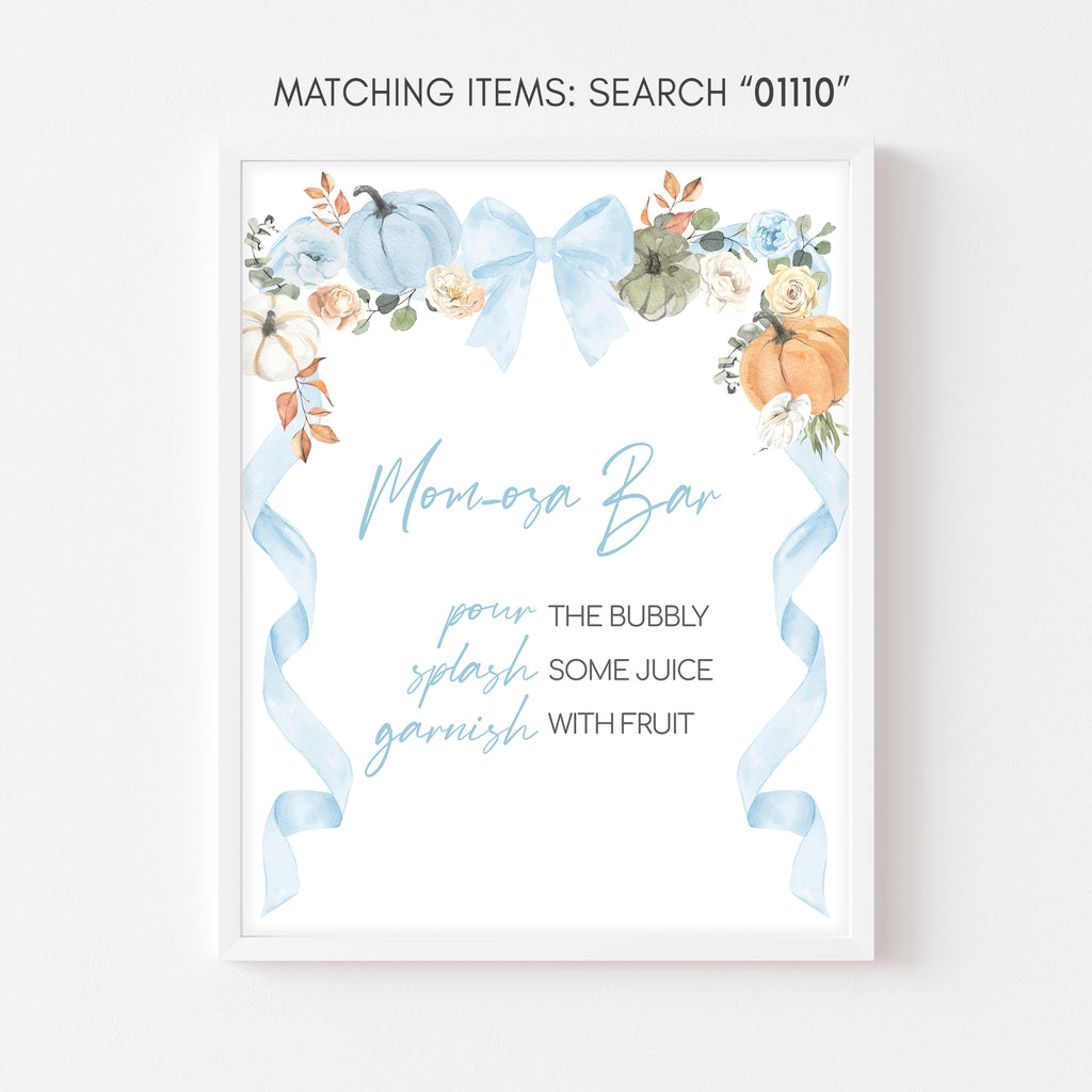 Mimosa bar sign for fall baby shower with watercolor pumpkin artwork for brunch-style autumn baby events