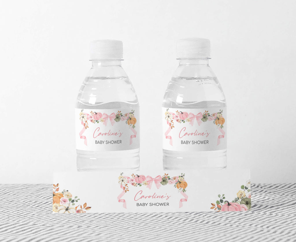 Pumpkin baby shower bottle labels in pink and orange - cute fall printables for girl autumn baby shower