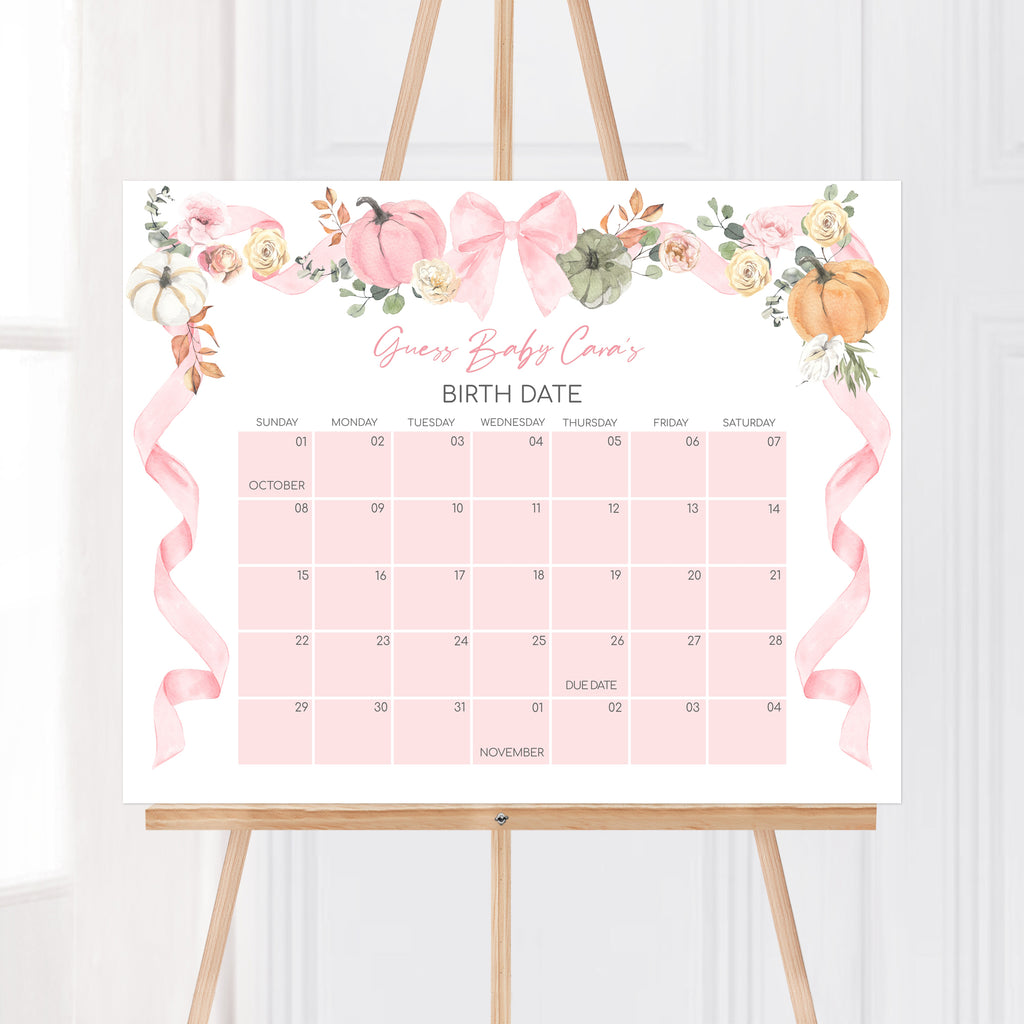 Fall baby shower due date calendar game with pink pumpkin theme - fun printable for little pumpkin girl shower