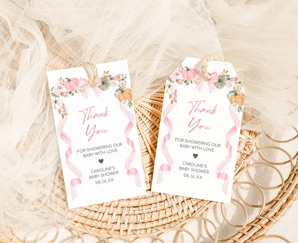 Fall baby shower favor tags with pink pumpkins and florals - printable thank you tags for girl baby shower