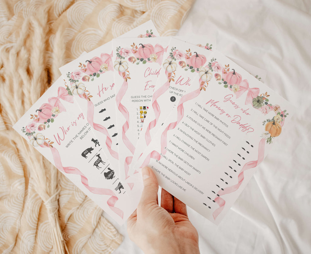 Printable fall baby shower games bundle with pink pumpkins and florals for girl autumn baby showers