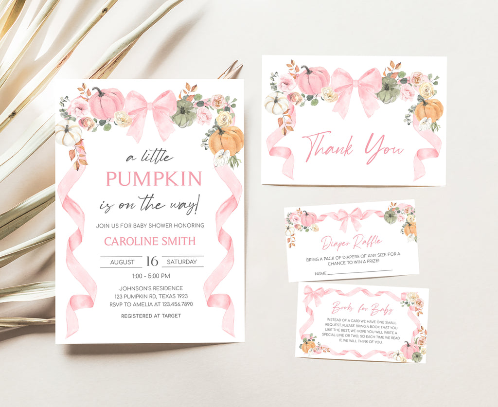 Fall baby shower invitation set with pink pumpkins, floral ribbons, and editable template for girl celebrations