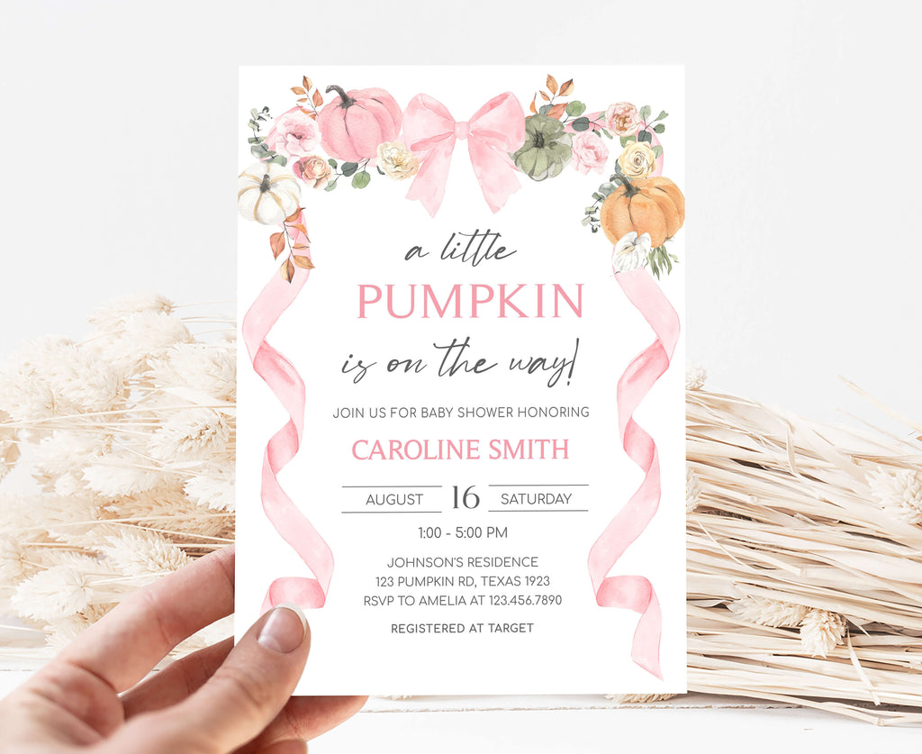 Editable fall baby shower invitation with pink pumpkin, floral ribbon, and watercolor design