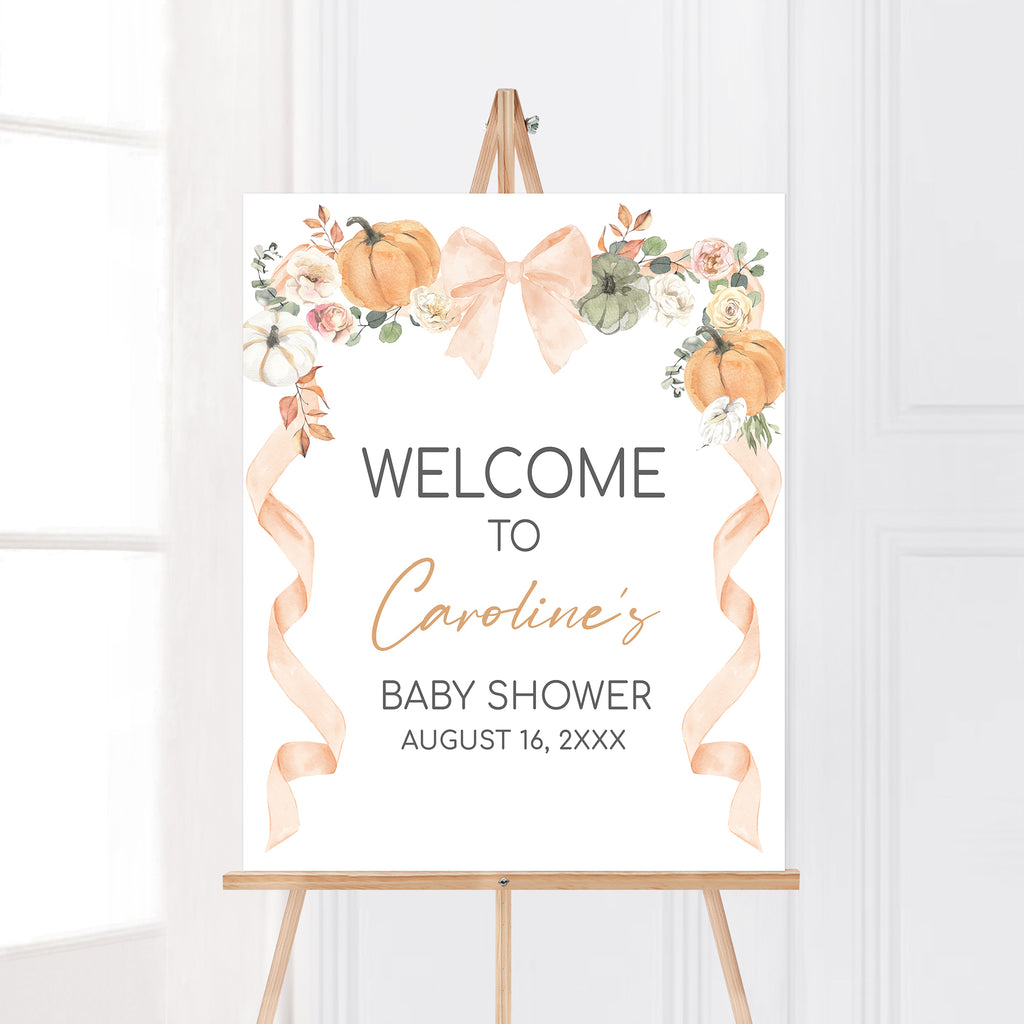 Autumn-Themed Baby Shower Welcome Poster with Ribbon and Florals
