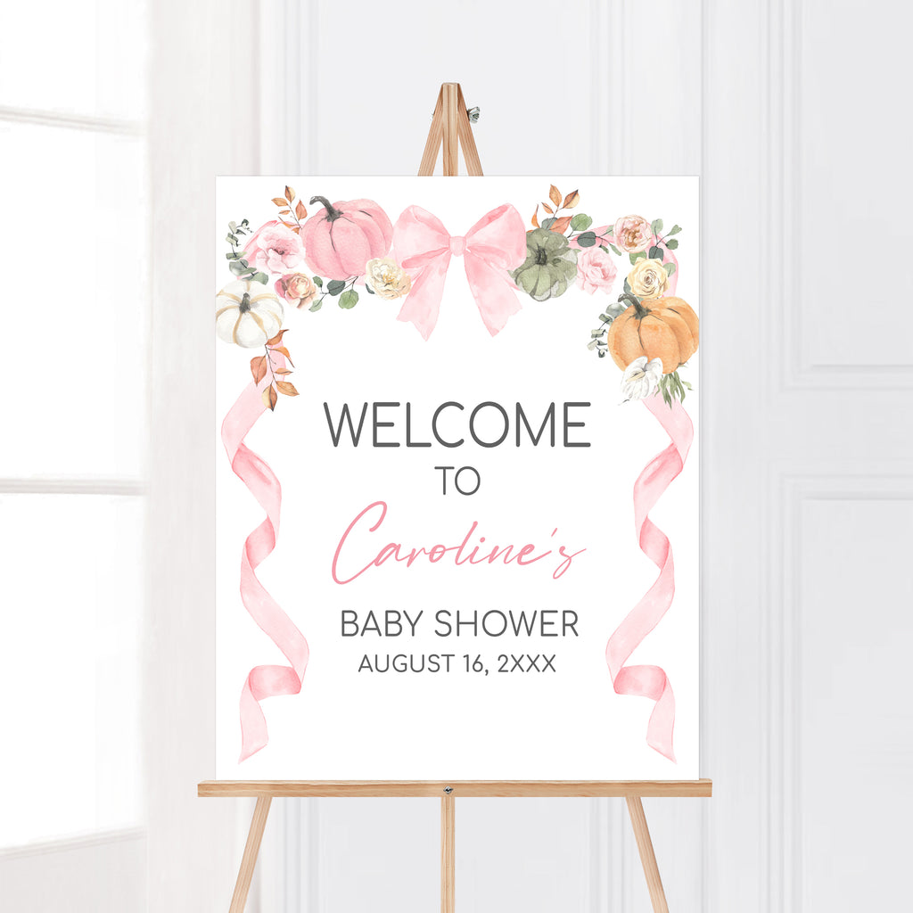 Editable fall baby shower welcome sign with pink pumpkins, floral bows, and autumn colors for girl theme