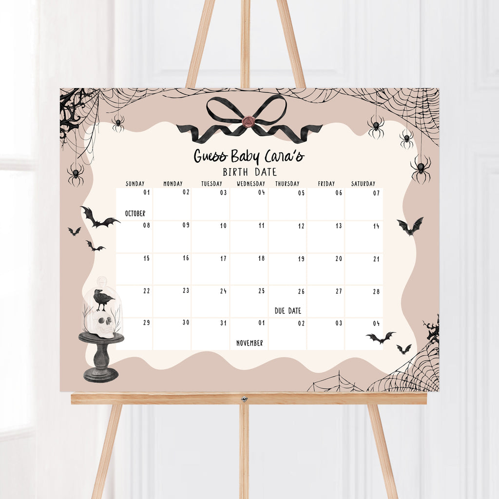 Editable Halloween due date calendar with spooky pink design for a baby girl shower, includes bats and cobwebs