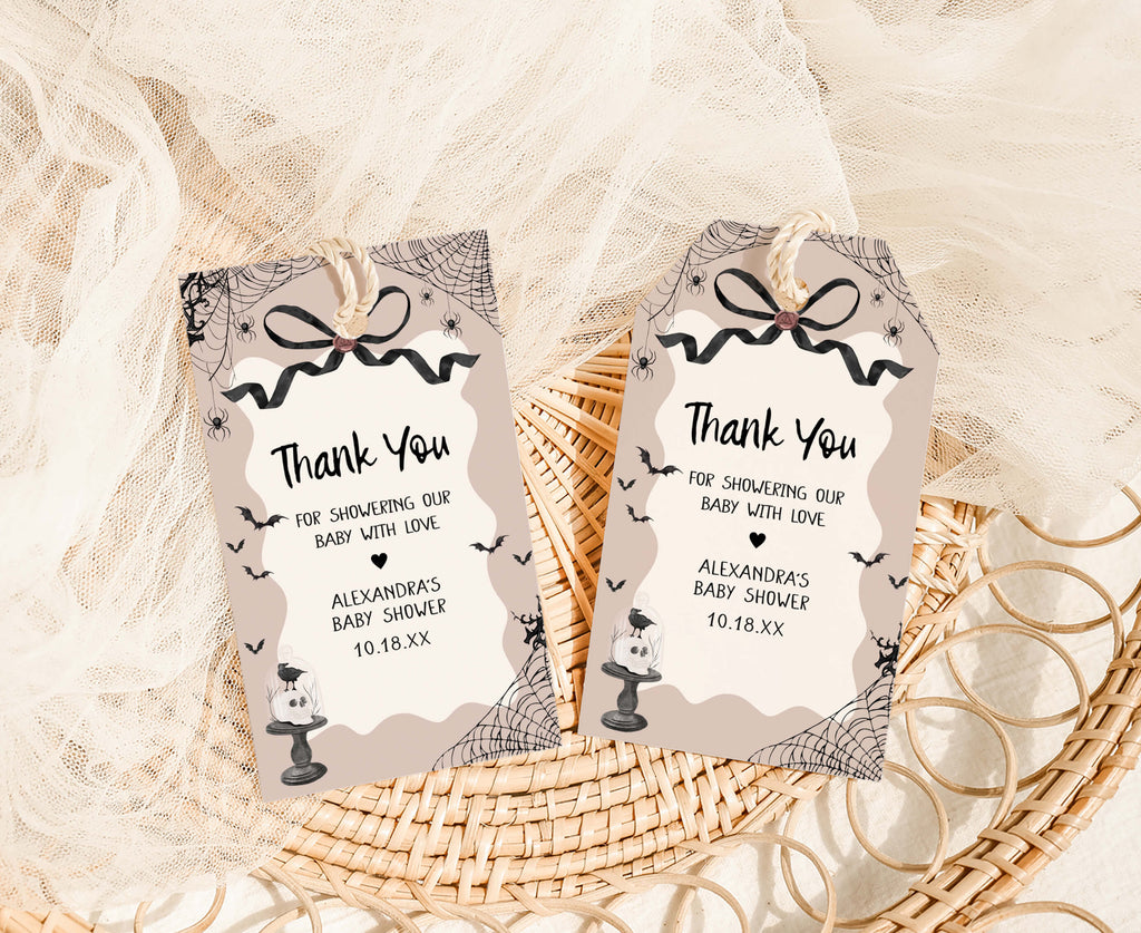 A little boo Halloween baby shower favor tags in pink and black for girl baby shower gifts