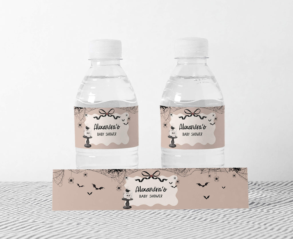Girl Halloween baby shower bottle labels with gothic little boo theme and cute spooky illustrations