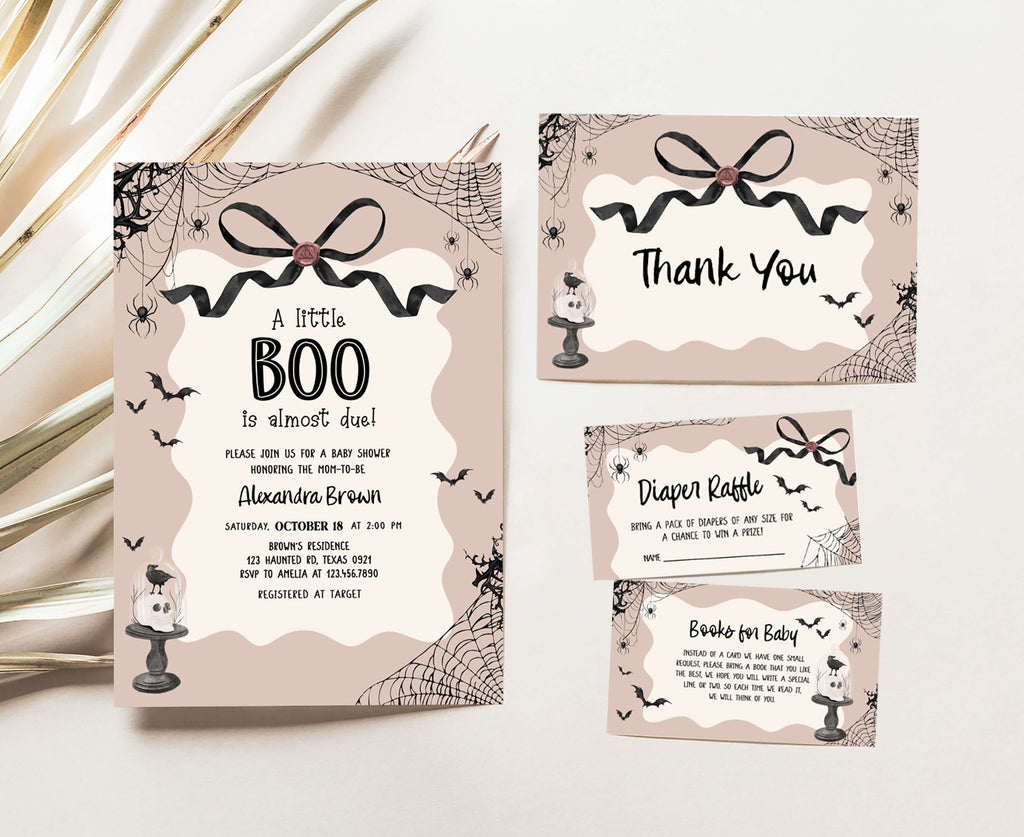 A little boo baby shower invitation set in black Halloween theme with bats, spiders, and gothic accents