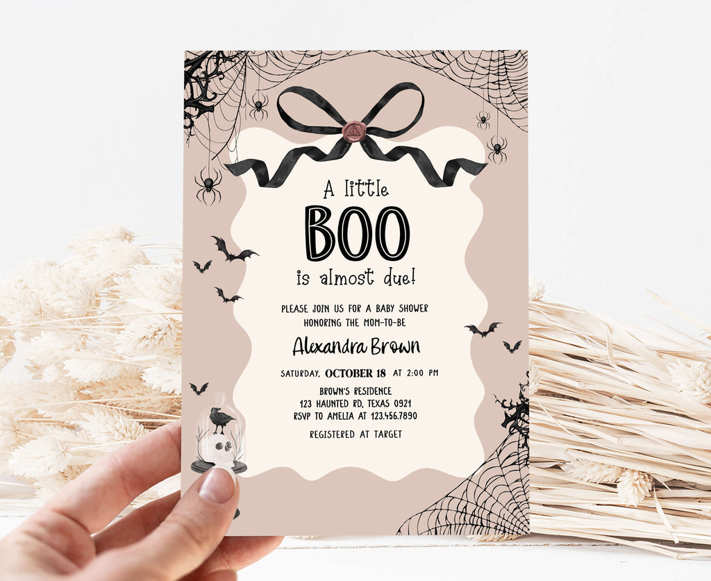 A little boo is almost due baby shower invite with bats and spiders