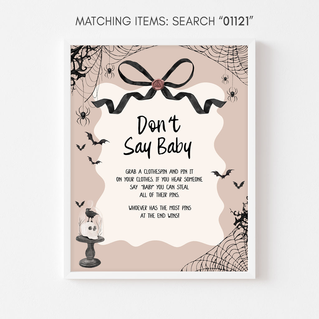 Don’t say baby game sign in pink little boo Halloween style for baby shower activities