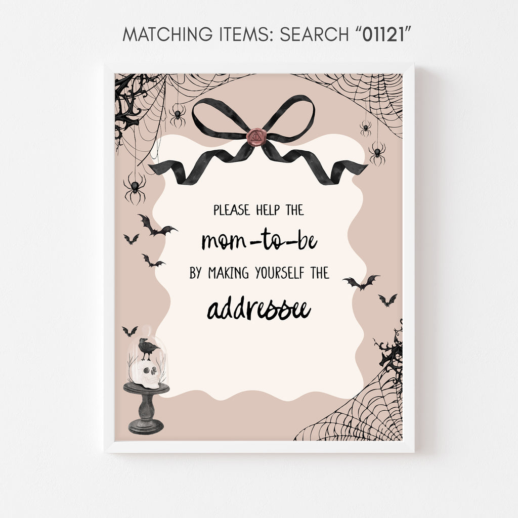 Printable envelope station sign with pink Halloween theme for a girl baby shower, matches little boo decor