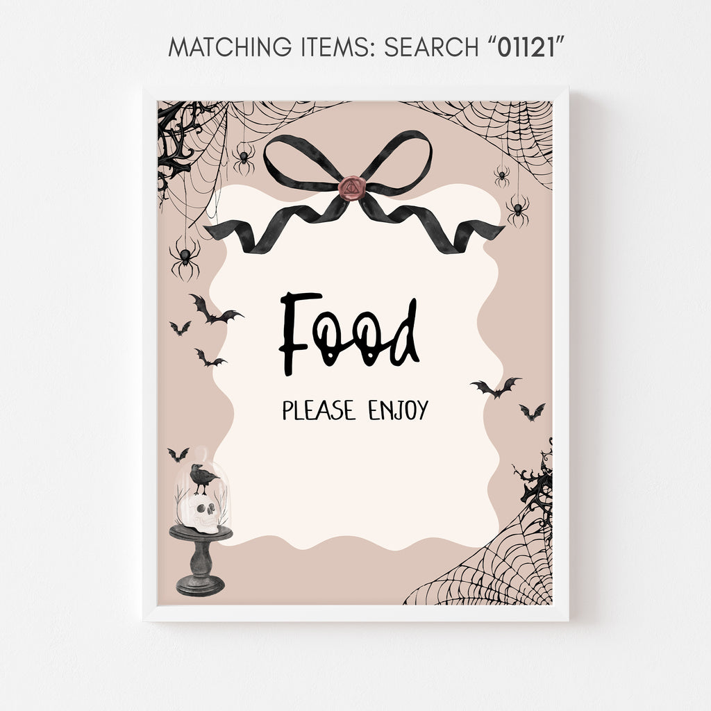Black Halloween baby shower food sign with a little boo theme and fun spooky accents