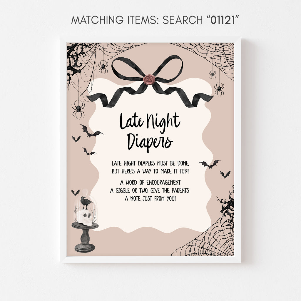 Printable Halloween late night diapers sign in pink gothic theme for girl baby showers