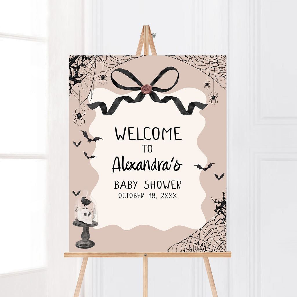 Spooky pink baby shower welcome sign with a little boo is almost due theme for Halloween celebrations