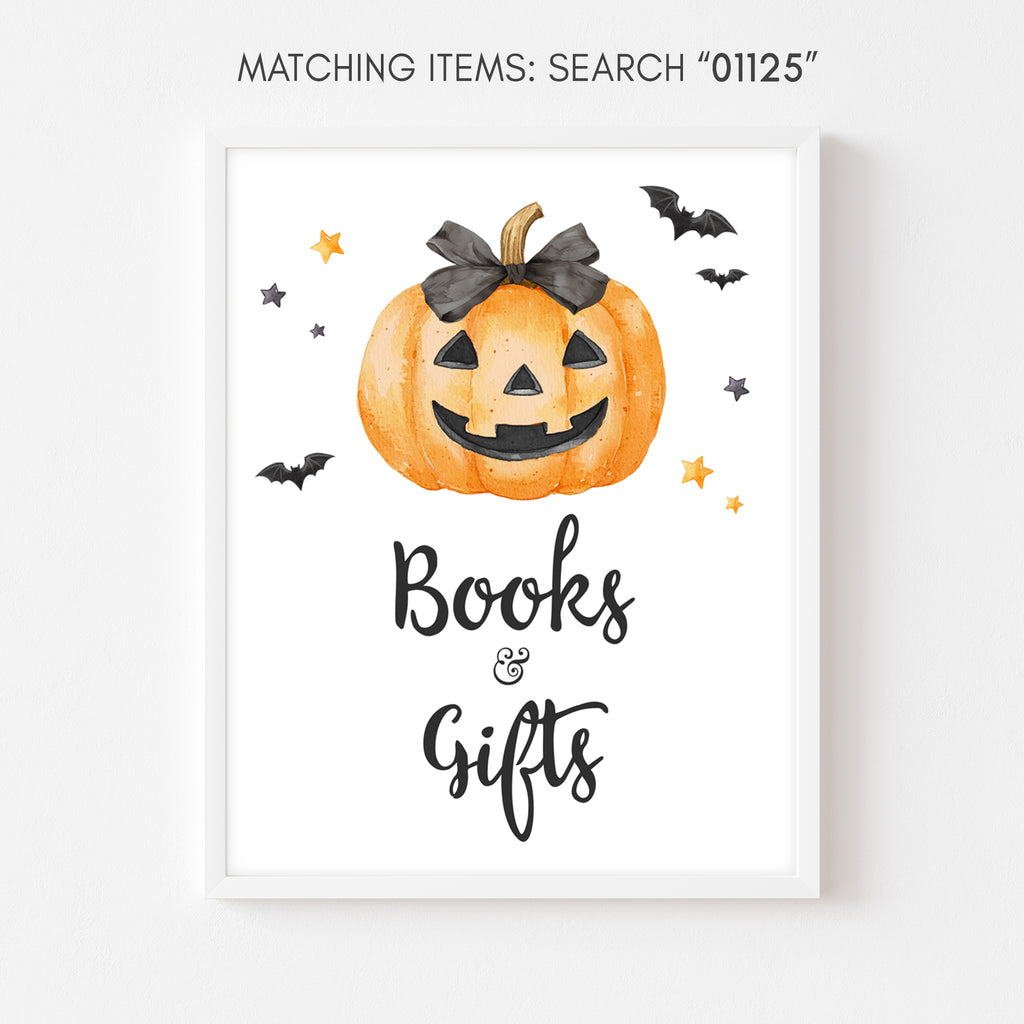 Spooky baby shower Books and Gifts sign with bats and pumpkins for a fall-themed gift table setup