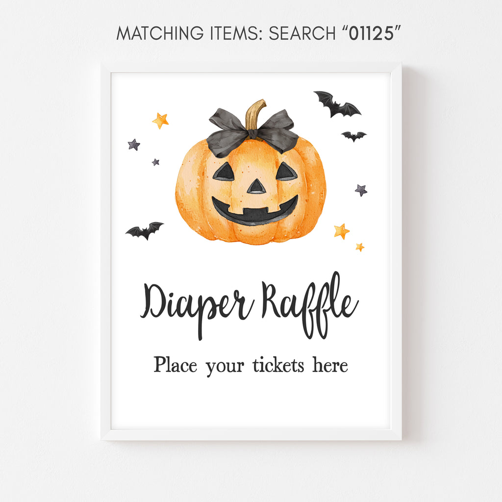 Halloween diaper raffle sign for baby shower with cute pumpkin design, fun and festive for spooky fall parties