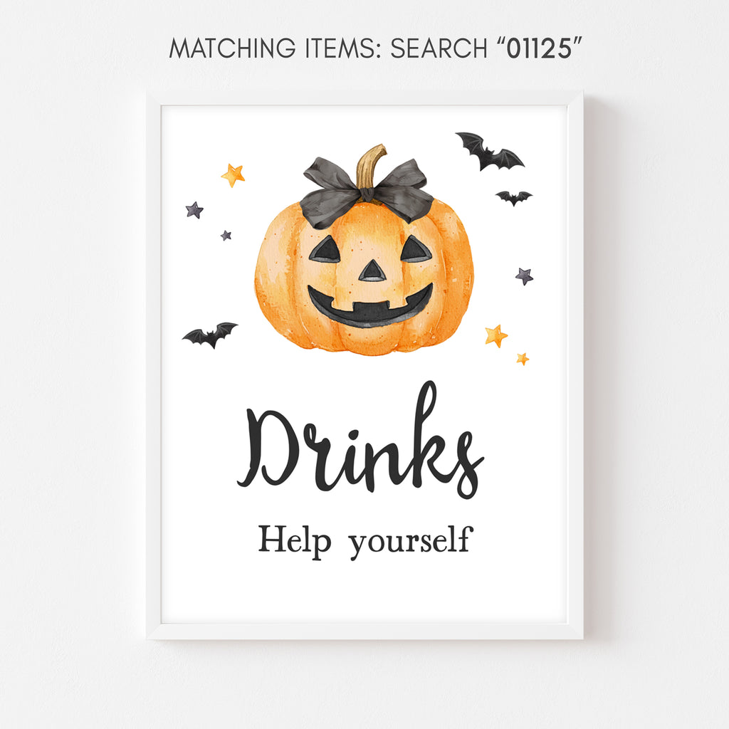 Halloween baby shower drinks sign featuring pumpkin and bat design for themed refreshment stations