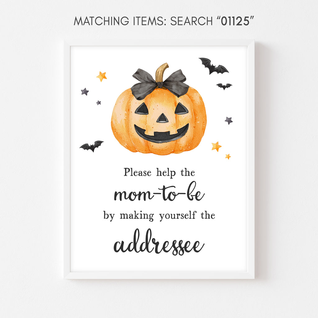 A Little Boo envelope station sign with fall Halloween graphics for organizing baby shower thank-you cards