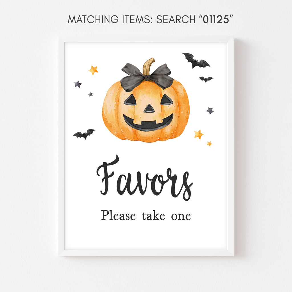 Spooky Halloween baby shower favors sign with smiling pumpkin for fall party decor and display tables