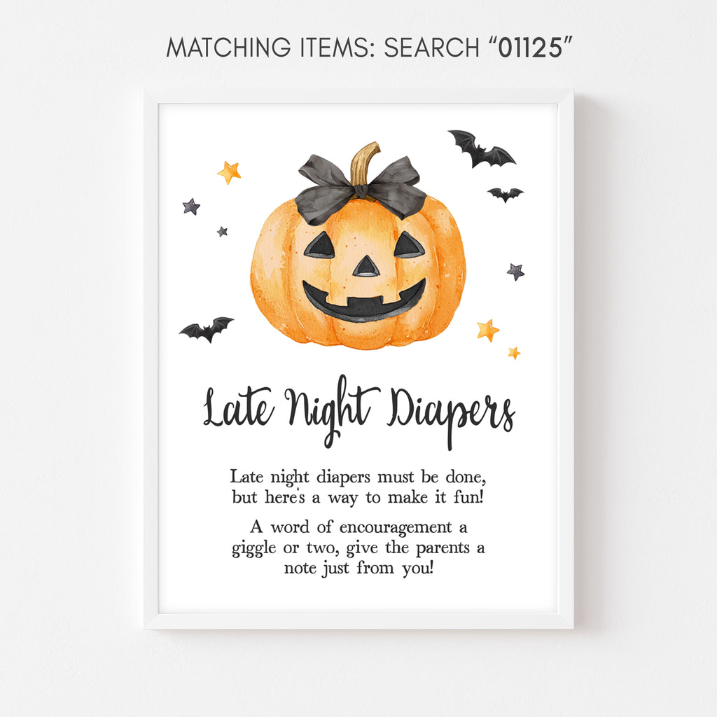 Halloween baby shower Late Night Diapers sign with cute spooky pumpkin for diaper table display