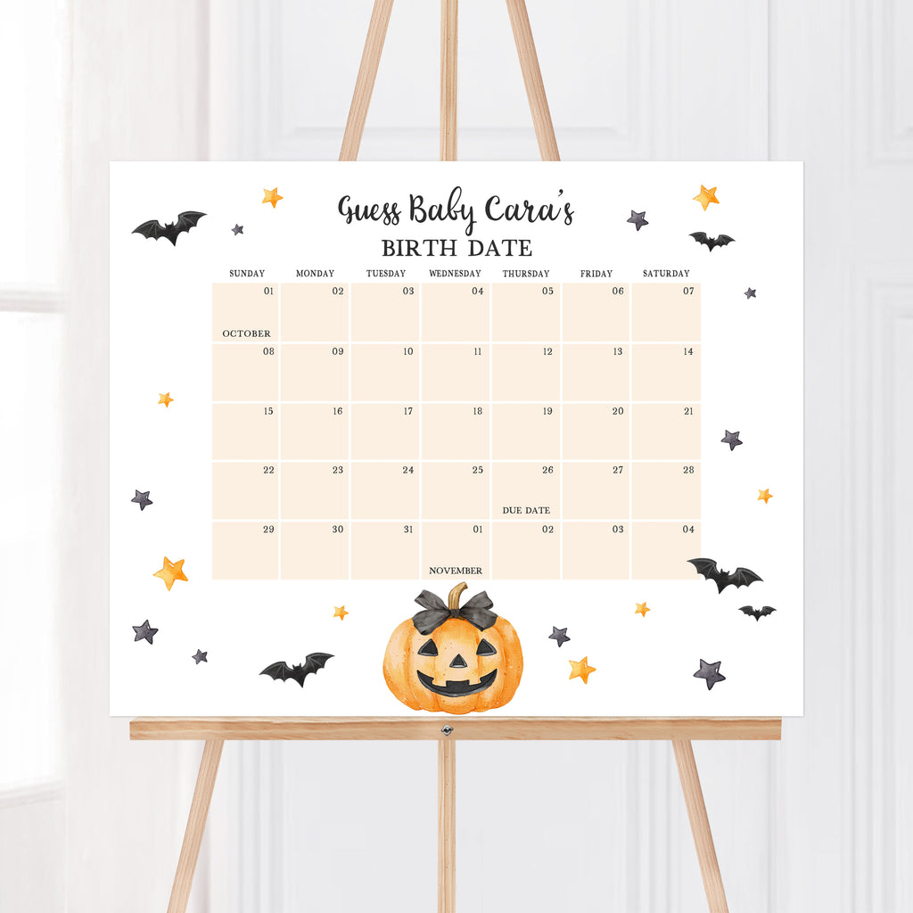 Halloween-themed baby due date calendar with pumpkin graphics for gender neutral baby shower decor