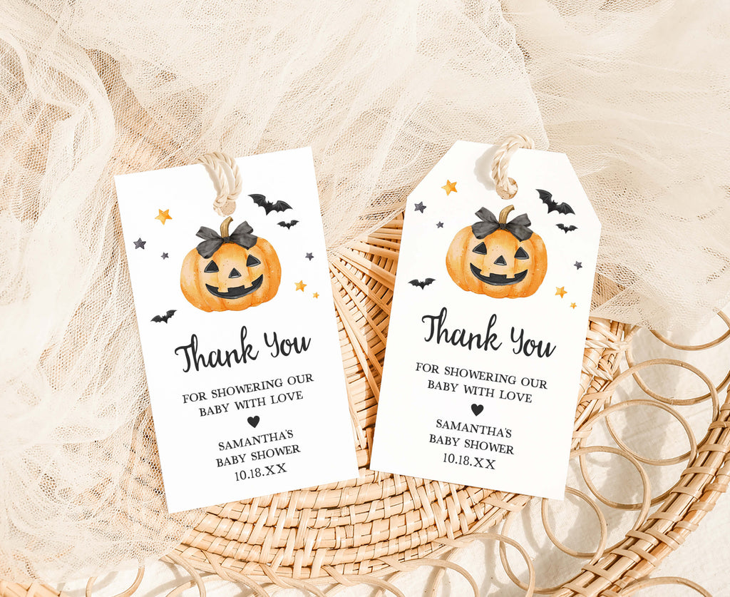 A Little Boo Halloween favor tags with pumpkins and bats for baby shower gift bags or party favors