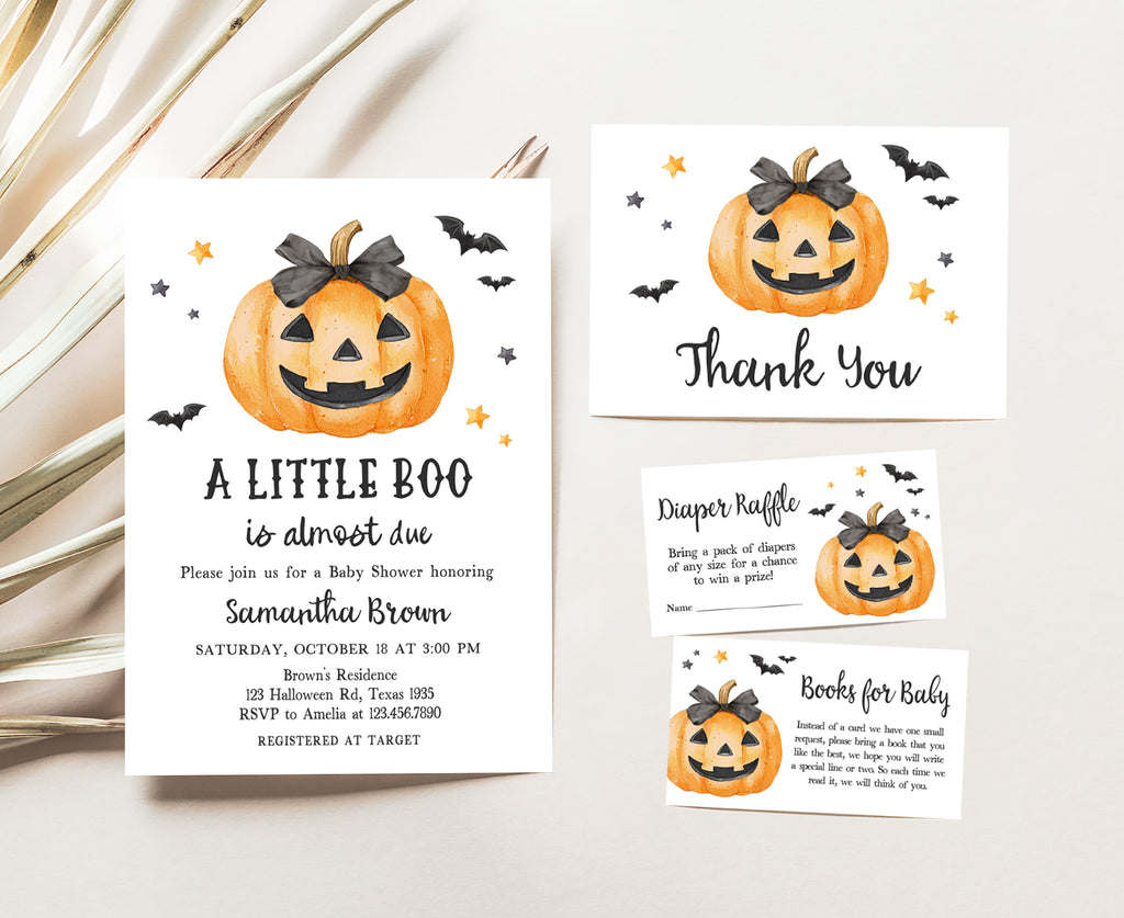 A Little Boo Halloween baby shower invitation set with pumpkin and bats for gender neutral October parties