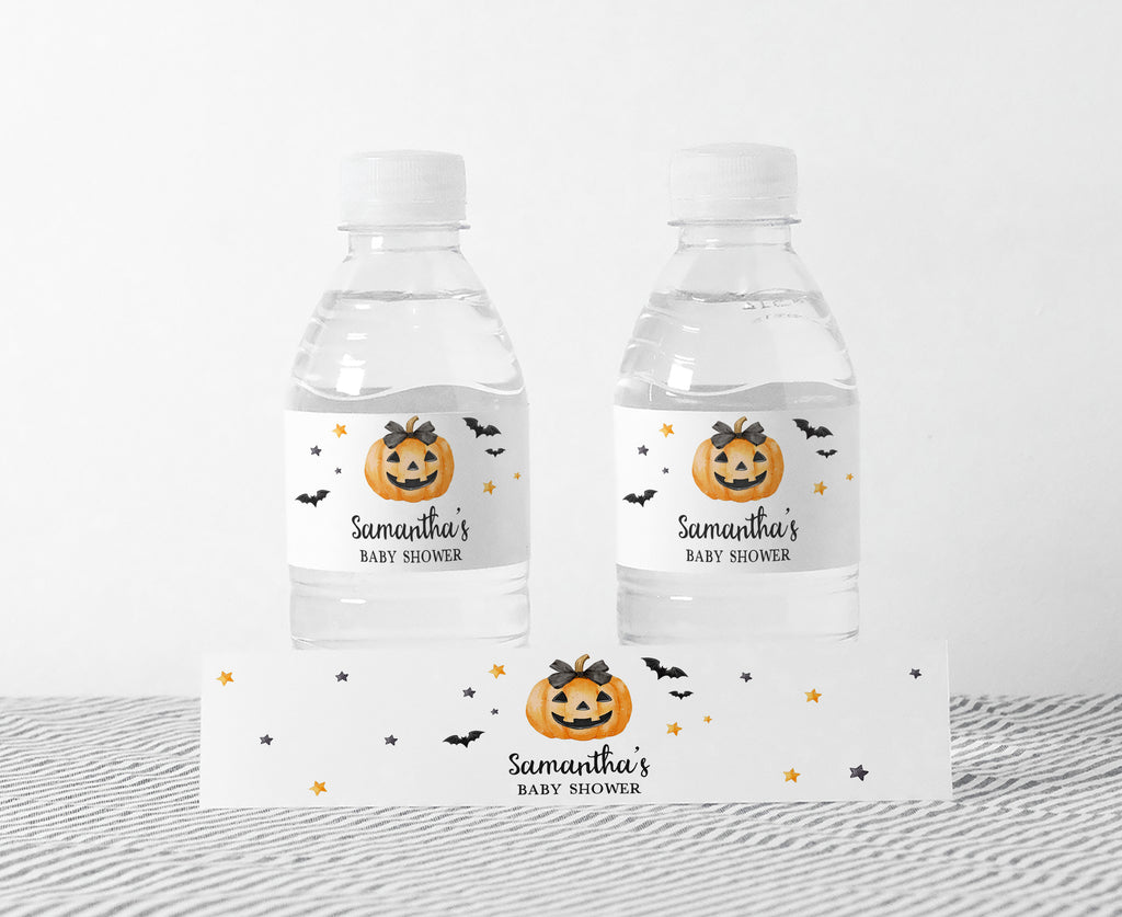 Cute Halloween baby shower water labels with pumpkin and stars, spooky and fun for October baby celebrations