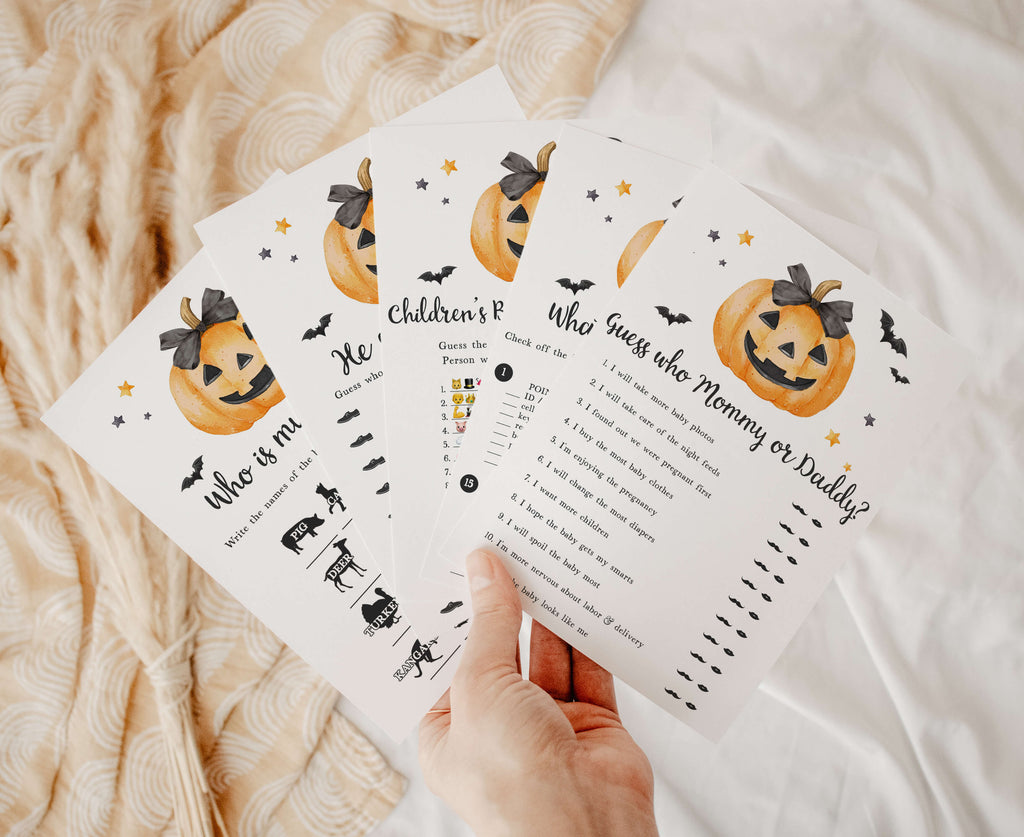 Printable Halloween baby shower games with pumpkin and bat design for spooky fall celebrations
