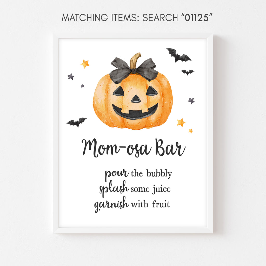 Editable Halloween Mom-Osa Bar baby shower sign with pumpkin design for a festive fall mimosa station