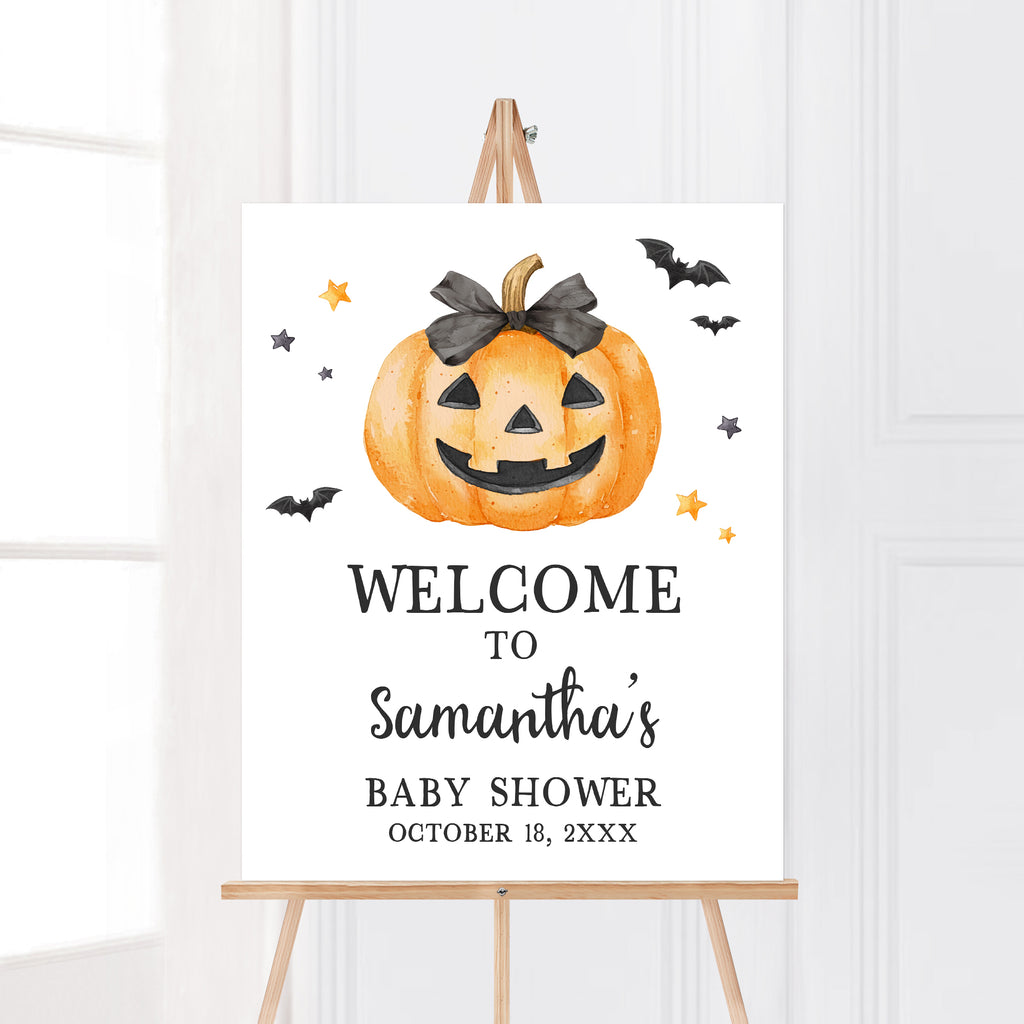 Editable Halloween baby shower welcome poster with a smiling pumpkin, bats, and stars for spooky cute decor