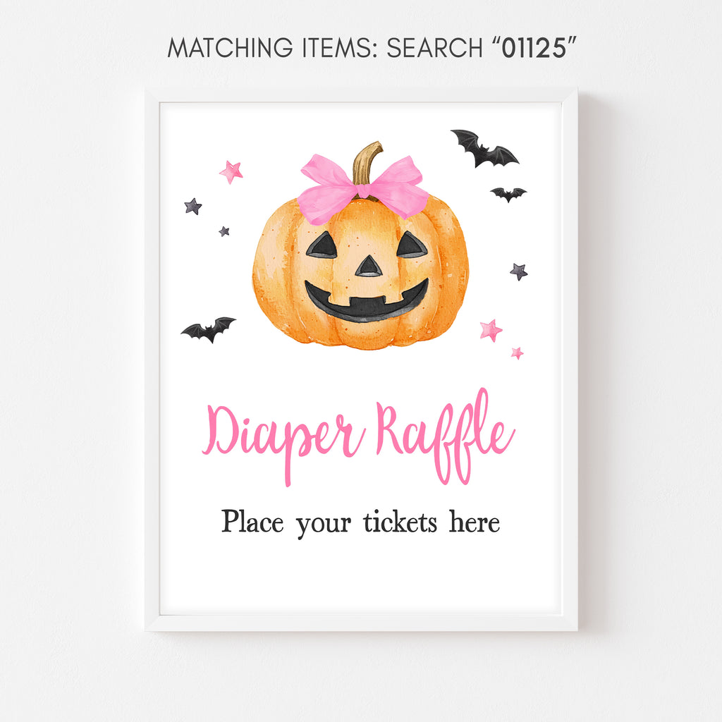 Pink pumpkin diaper raffle sign for a girl Halloween baby shower with spooky yet cute elements