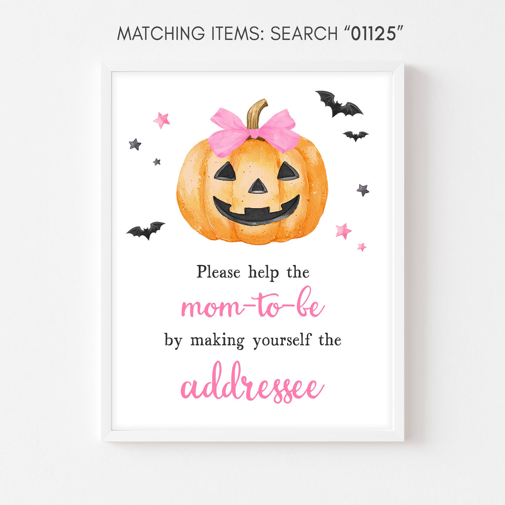 Envelope station sign for Halloween baby shower with pink bow pumpkin design for baby girl event