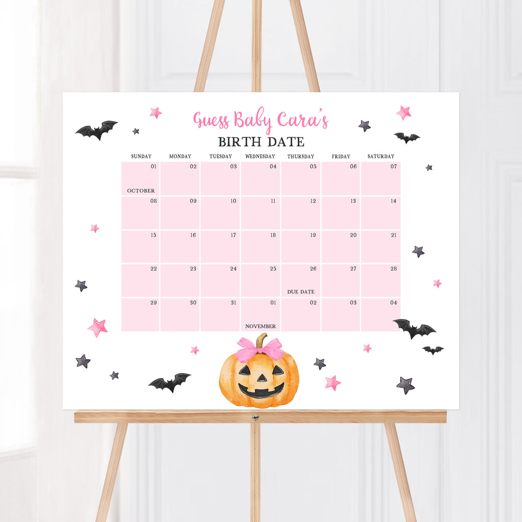 Halloween baby shower due date calendar with pink bow pumpkin theme for baby girl party decor