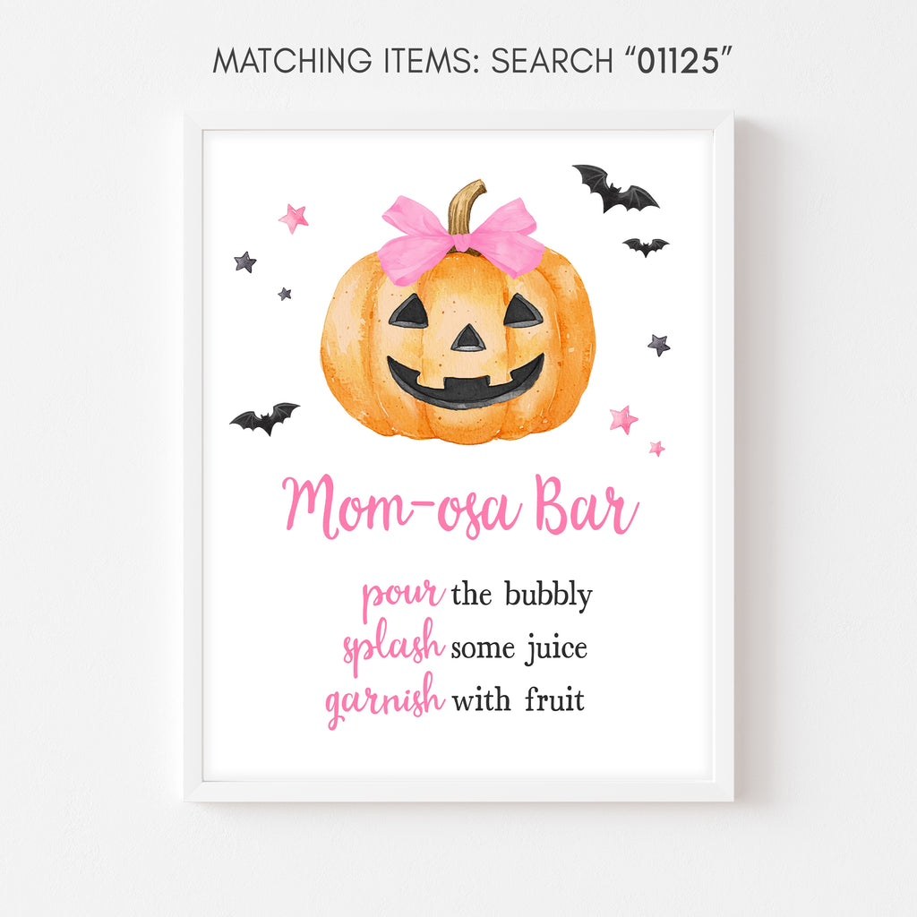 Mom-osa bar sign with pink pumpkin theme for Halloween baby shower drinks station for baby girl