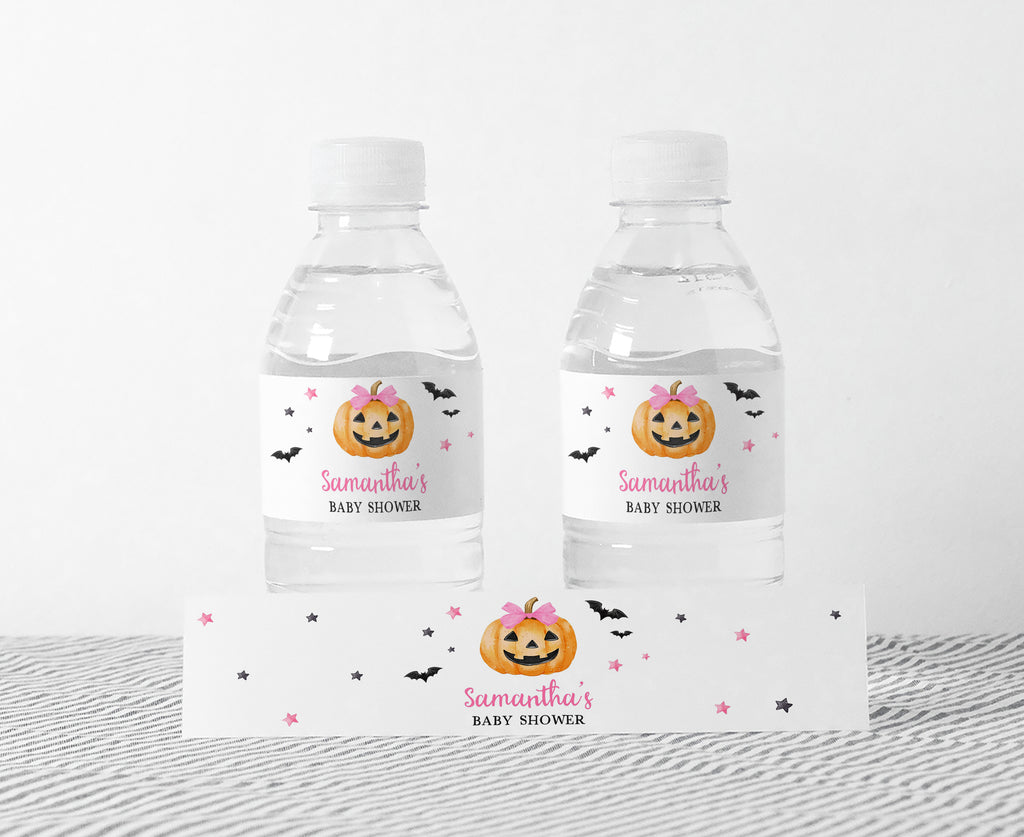 Pink pumpkin-themed Halloween baby shower bottle labels for girl baby shower drinks or party favors
