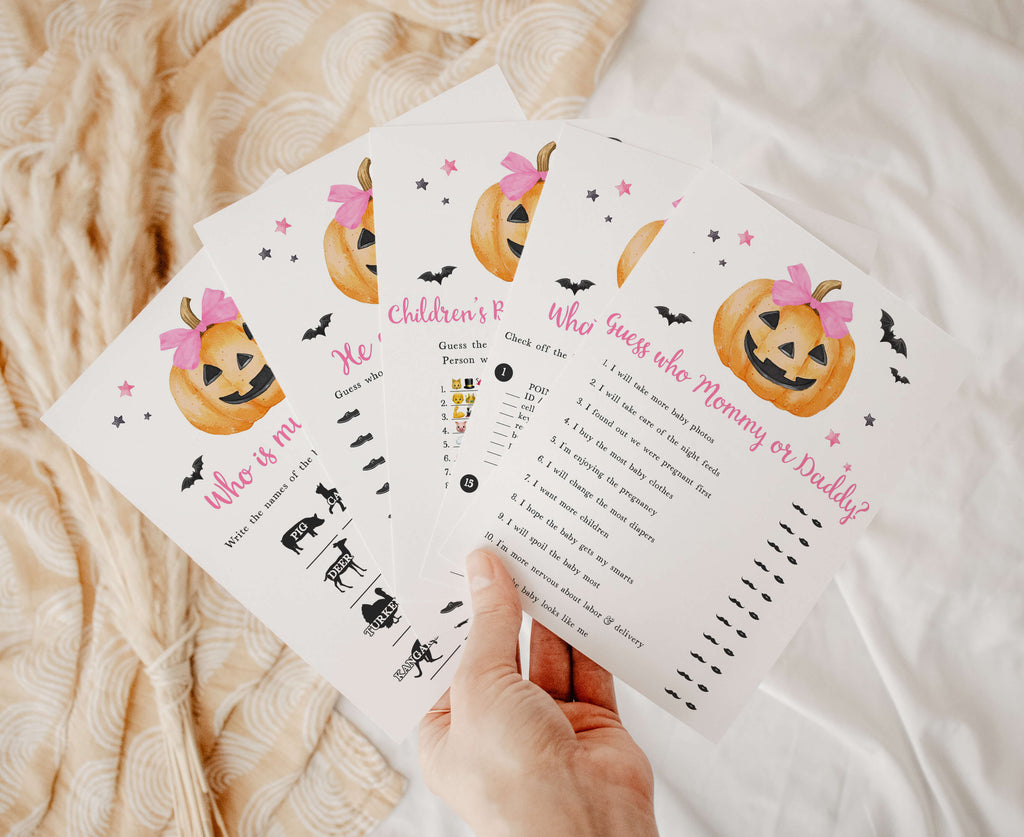 Printable Halloween baby shower games bundle with pink pumpkin and bats for girl baby shower fun