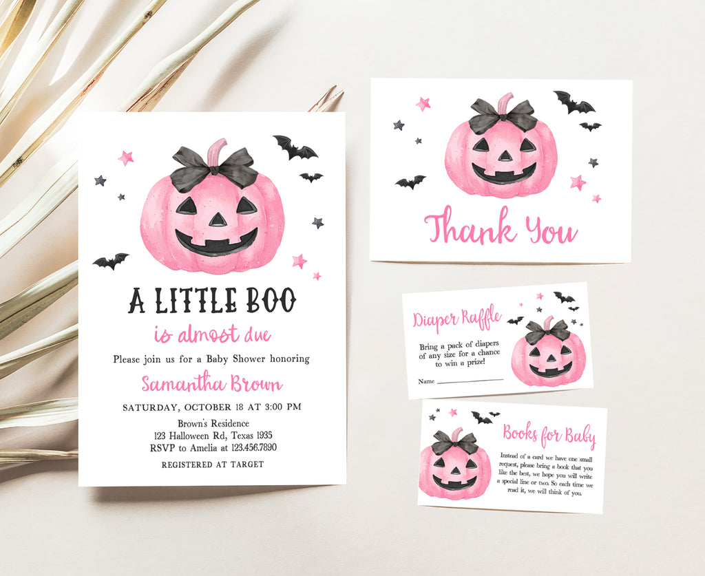 Pink Halloween baby shower invite set with bats and stars