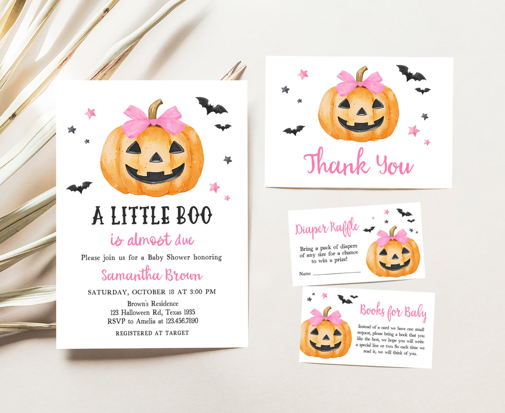 A little boo Halloween baby shower invitation set with pink pumpkin design for baby girl celebrations