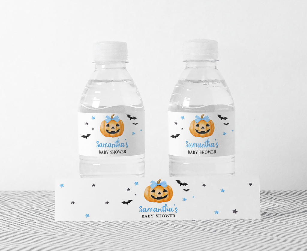 Halloween bottle labels for baby boy shower, spooky blue pumpkin design, printable